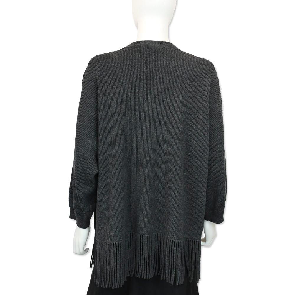 Brunello Cucinelli Charcoal Grey Monili Ribbed Knit V-Neck Fringe Sweater