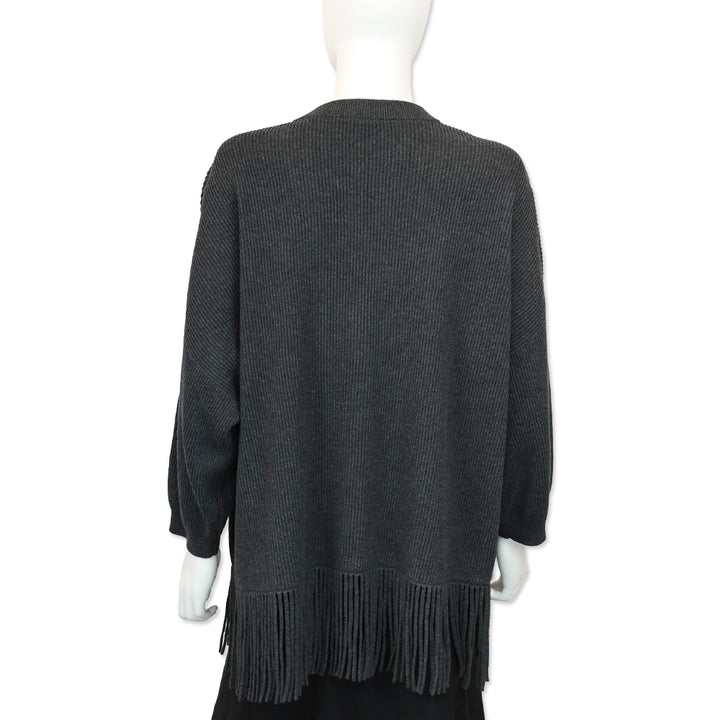 Brunello Cucinelli Charcoal Grey Monili Ribbed Knit V-Neck Fringe Sweater