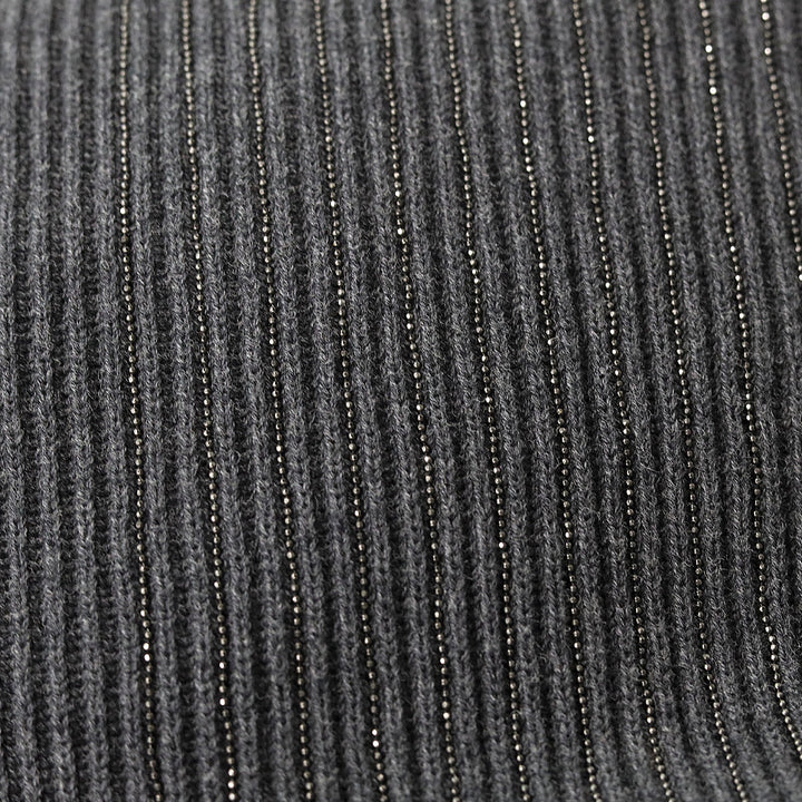 Brunello Cucinelli Charcoal Grey Monili Ribbed Knit V-Neck Fringe Sweater