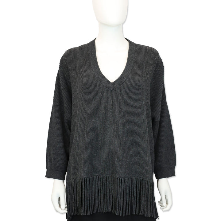 Brunello Cucinelli Charcoal Grey Monili Ribbed Knit V-Neck Fringe Sweater