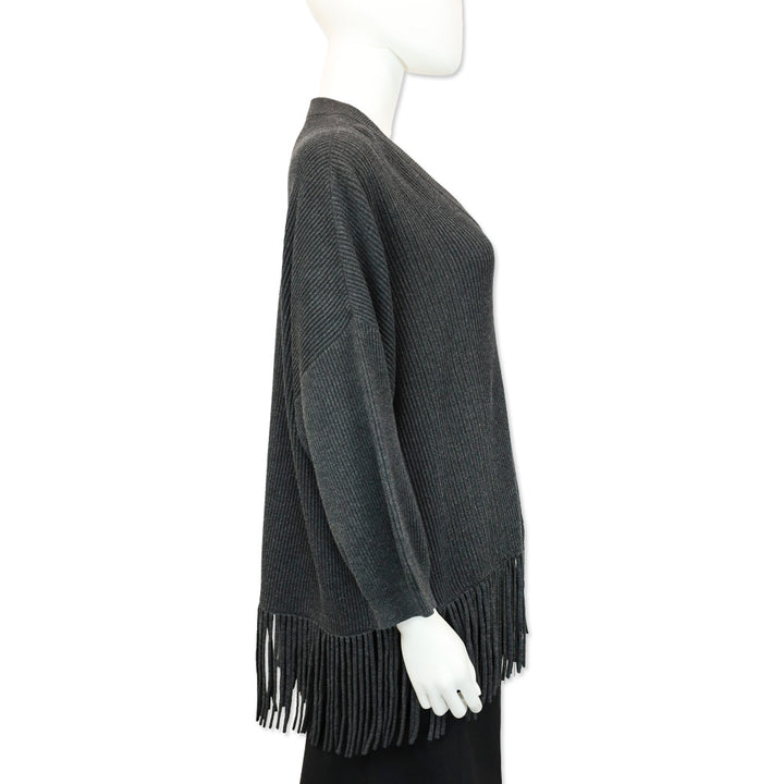 Brunello Cucinelli Charcoal Grey Monili Ribbed Knit V-Neck Fringe Sweater