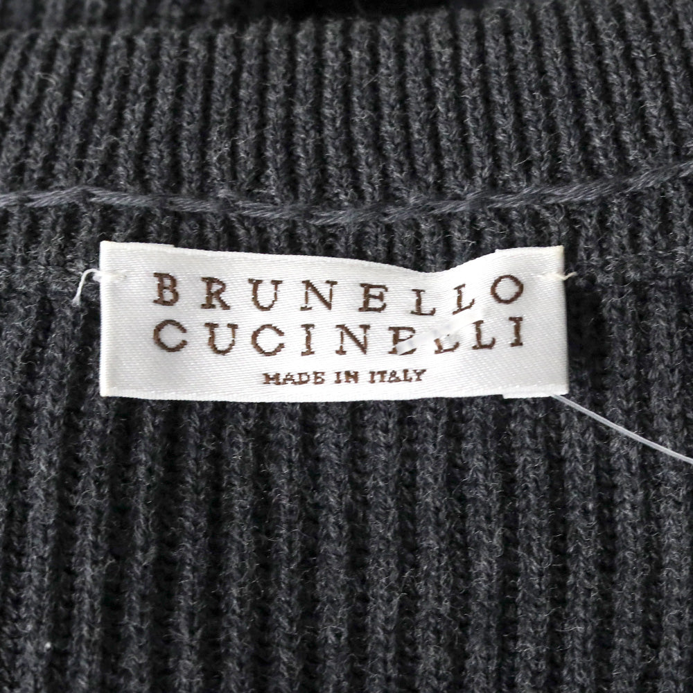 Brunello Cucinelli Charcoal Grey Monili Ribbed Knit V-Neck Fringe Sweater