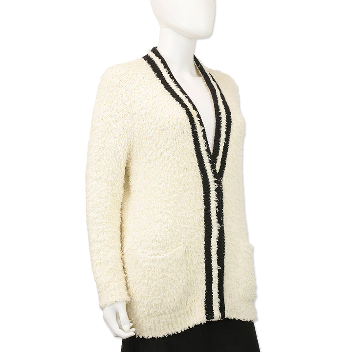 Brunello Cucinelli Cream Fuzzy Cotton Knit Cardigan with Black Stripe Trim