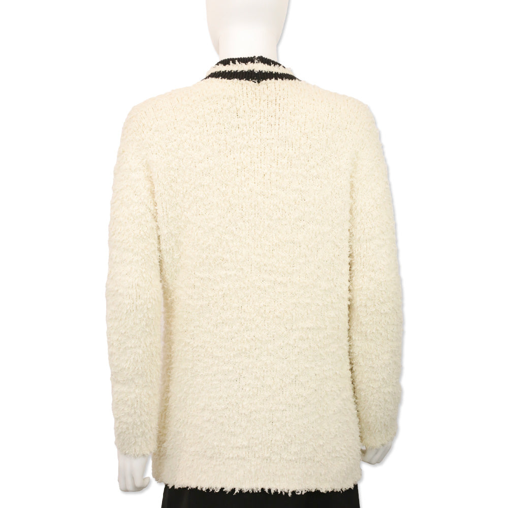 Brunello Cucinelli Cream Fuzzy Cotton Knit Cardigan with Black Stripe Trim