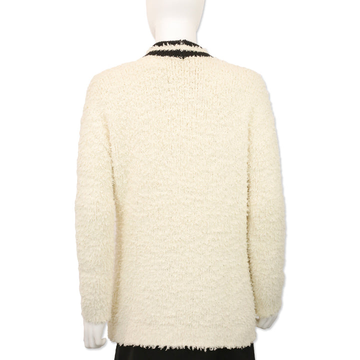 Brunello Cucinelli Cream Fuzzy Cotton Knit Cardigan with Black Stripe Trim