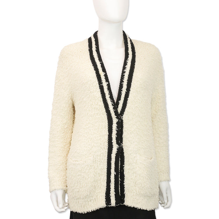 Brunello Cucinelli Cream Fuzzy Cotton Knit Cardigan with Black Stripe Trim