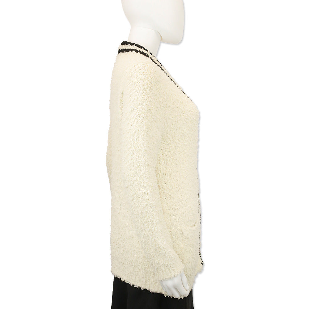 Brunello Cucinelli Cream Fuzzy Cotton Knit Cardigan with Black Stripe Trim