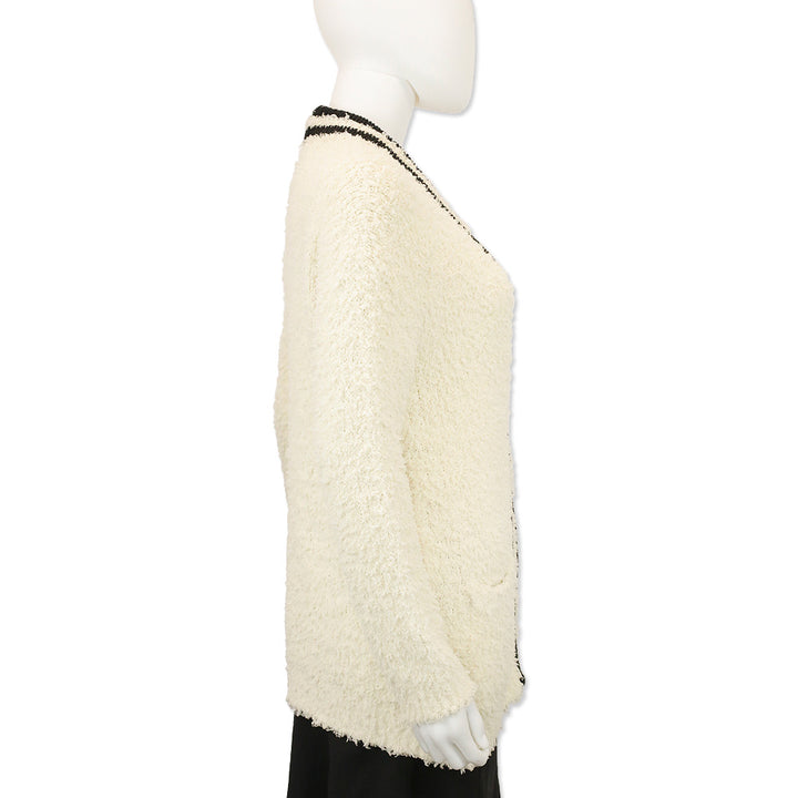 Brunello Cucinelli Cream Fuzzy Cotton Knit Cardigan with Black Stripe Trim