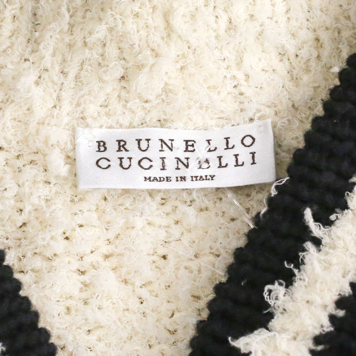 Brunello Cucinelli Cream Fuzzy Cotton Knit Cardigan with Black Stripe Trim