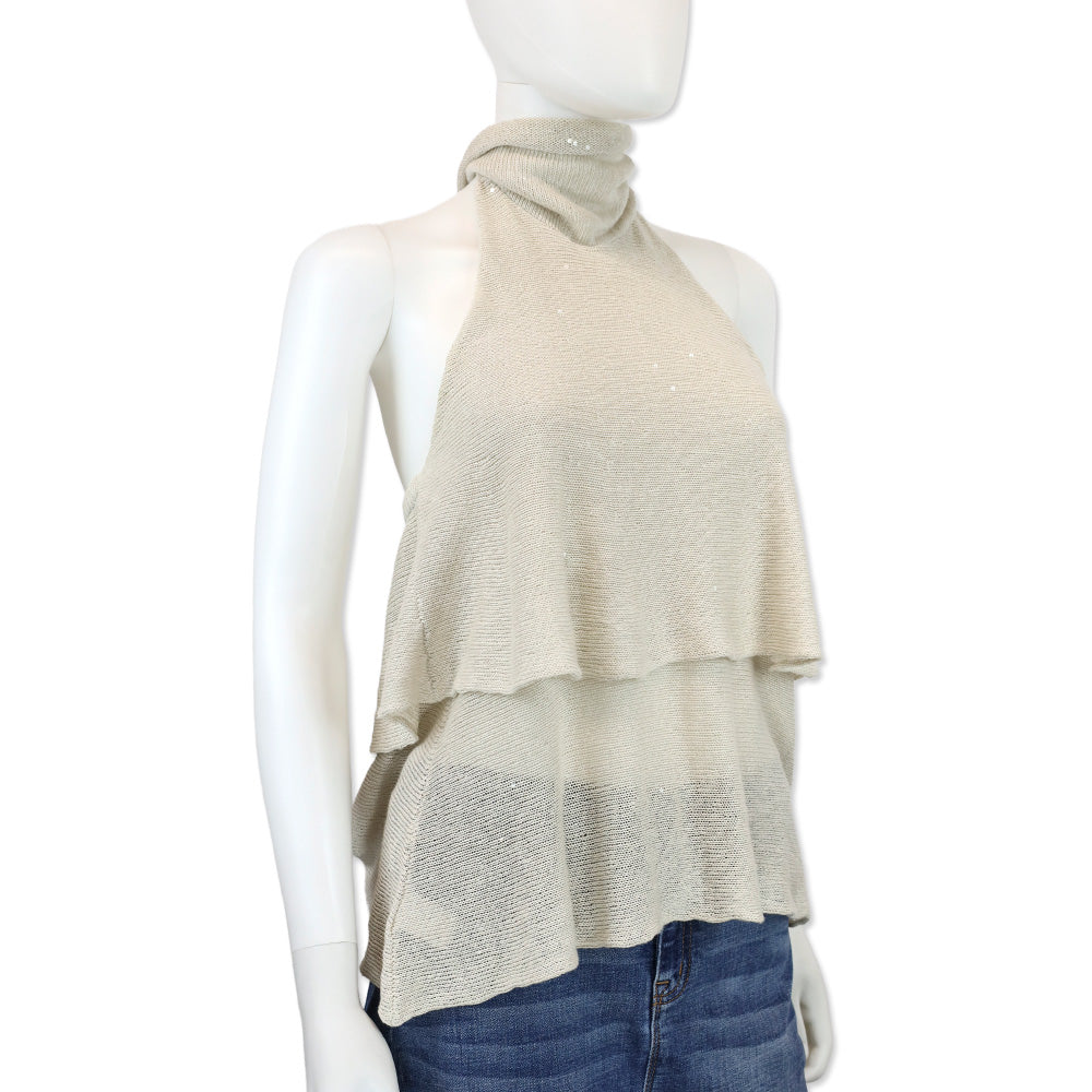 Brunello Cucinelli Cream Sequin Knit Layered Halter Top