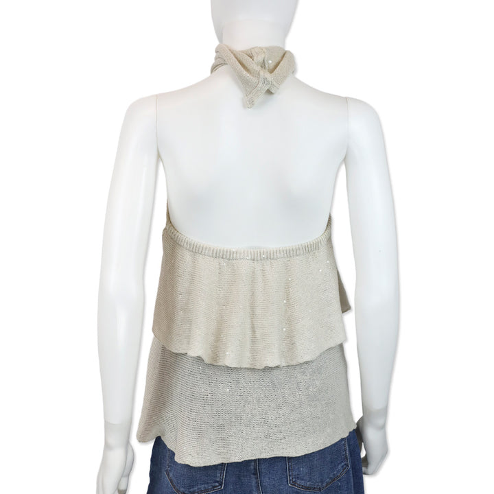 Brunello Cucinelli Cream Sequin Knit Layered Halter Top