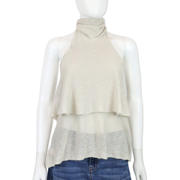 Brunello Cucinelli Cream Sequin Knit Layered Halter Top
