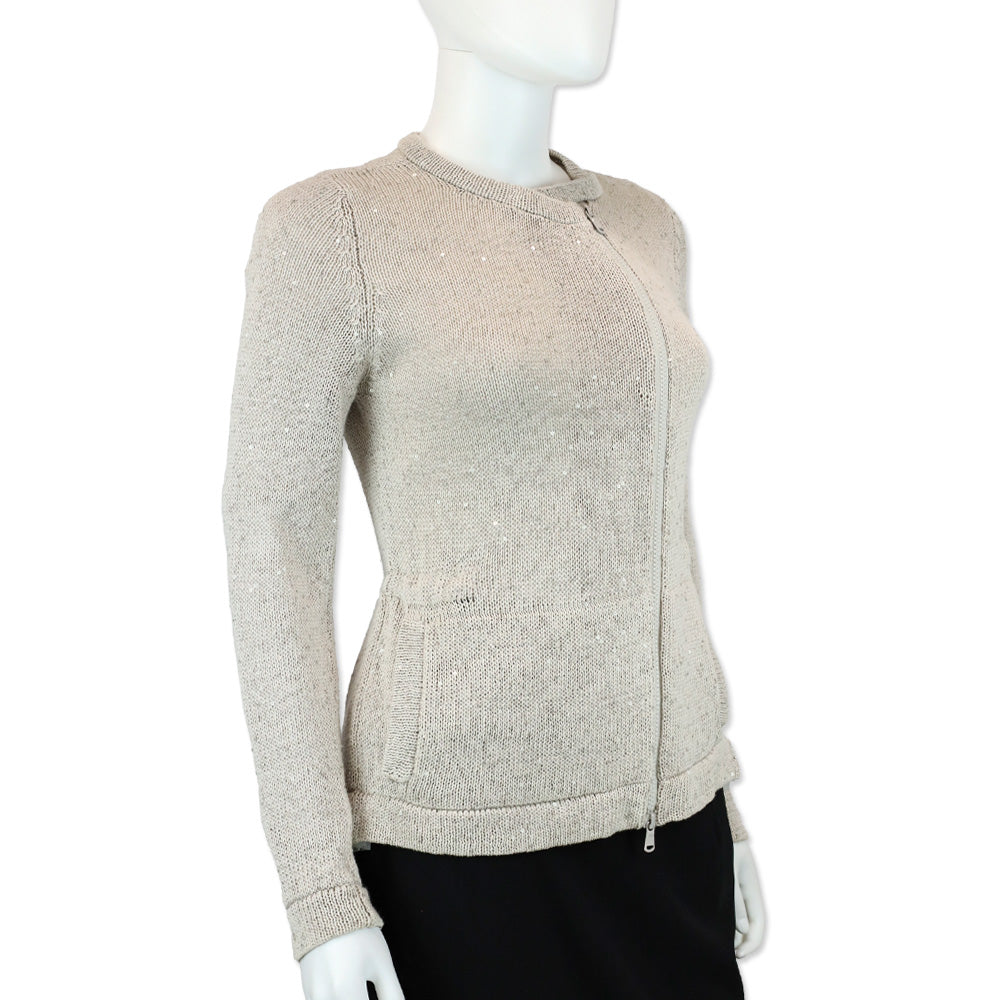 Brunello Cucinelli Gray Knit Sequin and Tulle Embellished Zip Cardigan Sweater