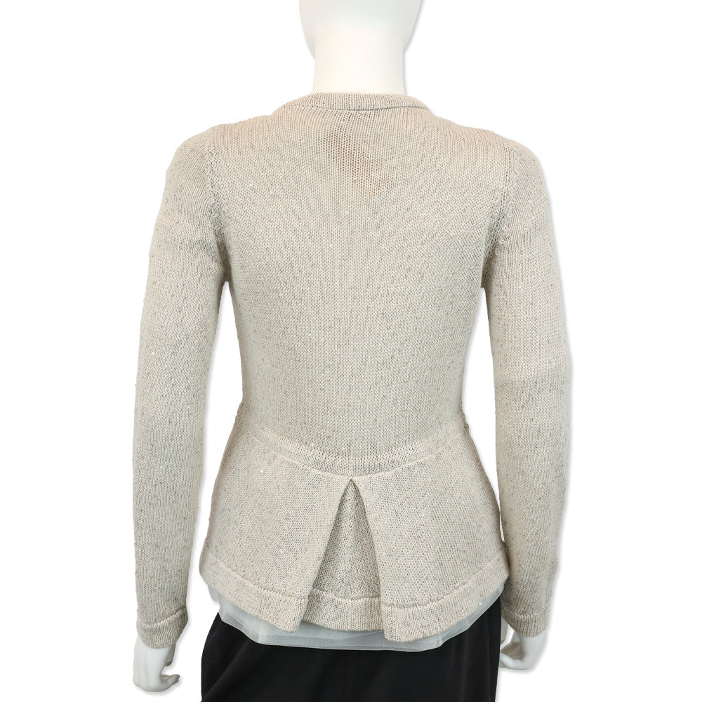 Brunello Cucinelli Gray Knit Sequin and Tulle Embellished Zip Cardigan Sweater