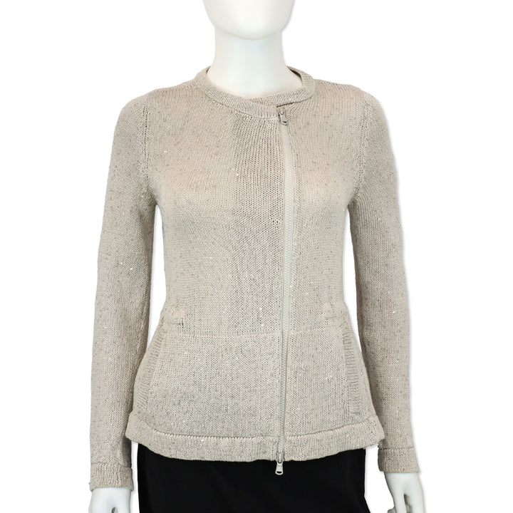 Brunello Cucinelli Gray Knit Sequin and Tulle Embellished Zip Cardigan Sweater