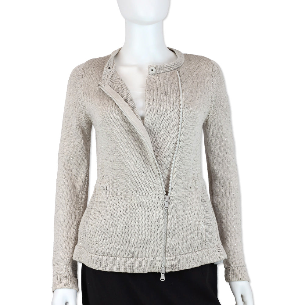 Brunello Cucinelli Gray Knit Sequin and Tulle Embellished Zip Cardigan Sweater