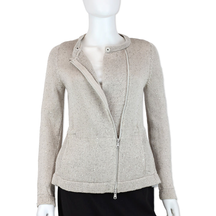 Brunello Cucinelli Gray Knit Sequin and Tulle Embellished Zip Cardigan Sweater