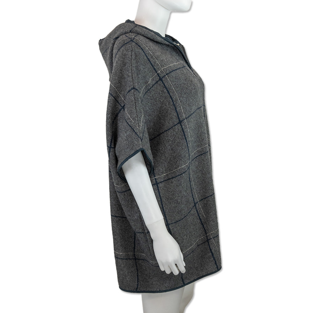 Brunello Cucinelli Grey Plaid Cashmere Knit Hooded Jacket