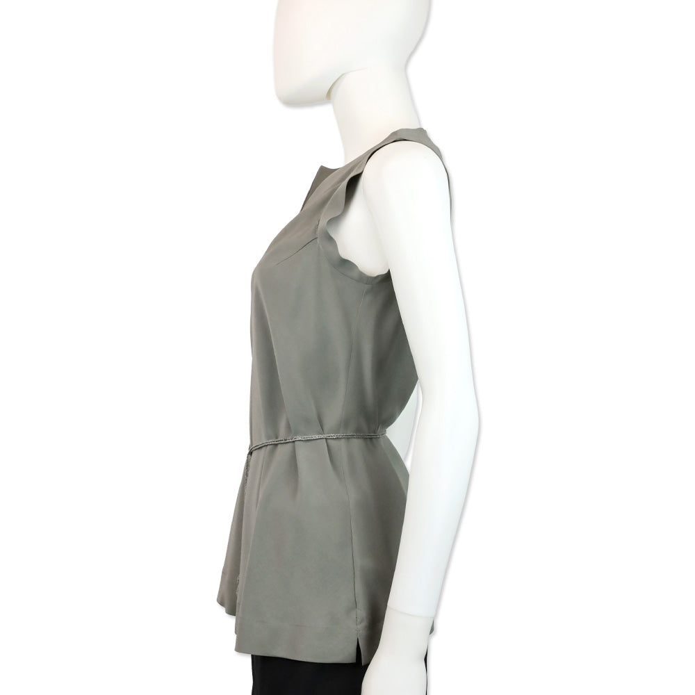 Brunello Cucinelli Grey Silk V-Neck Sleeveless Top with Monili Belt Accent
