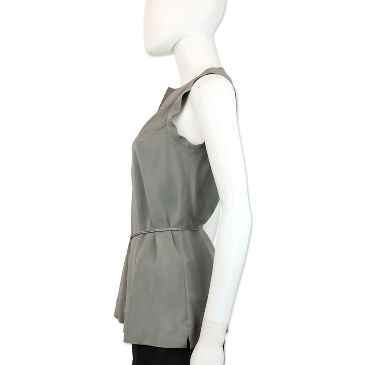 Brunello Cucinelli Grey Silk V-Neck Sleeveless Top with Monili Belt Accent