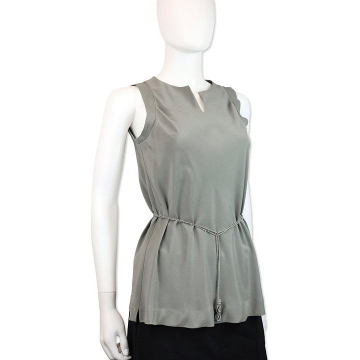 Brunello Cucinelli Grey Silk V-Neck Sleeveless Top with Monili Belt Accent