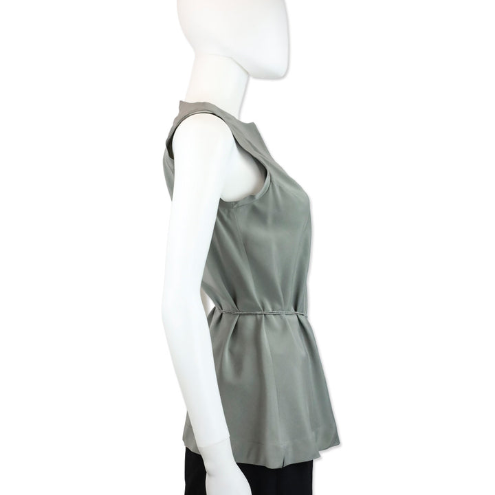 Brunello Cucinelli Grey Silk V-Neck Sleeveless Top with Monili Belt Accent