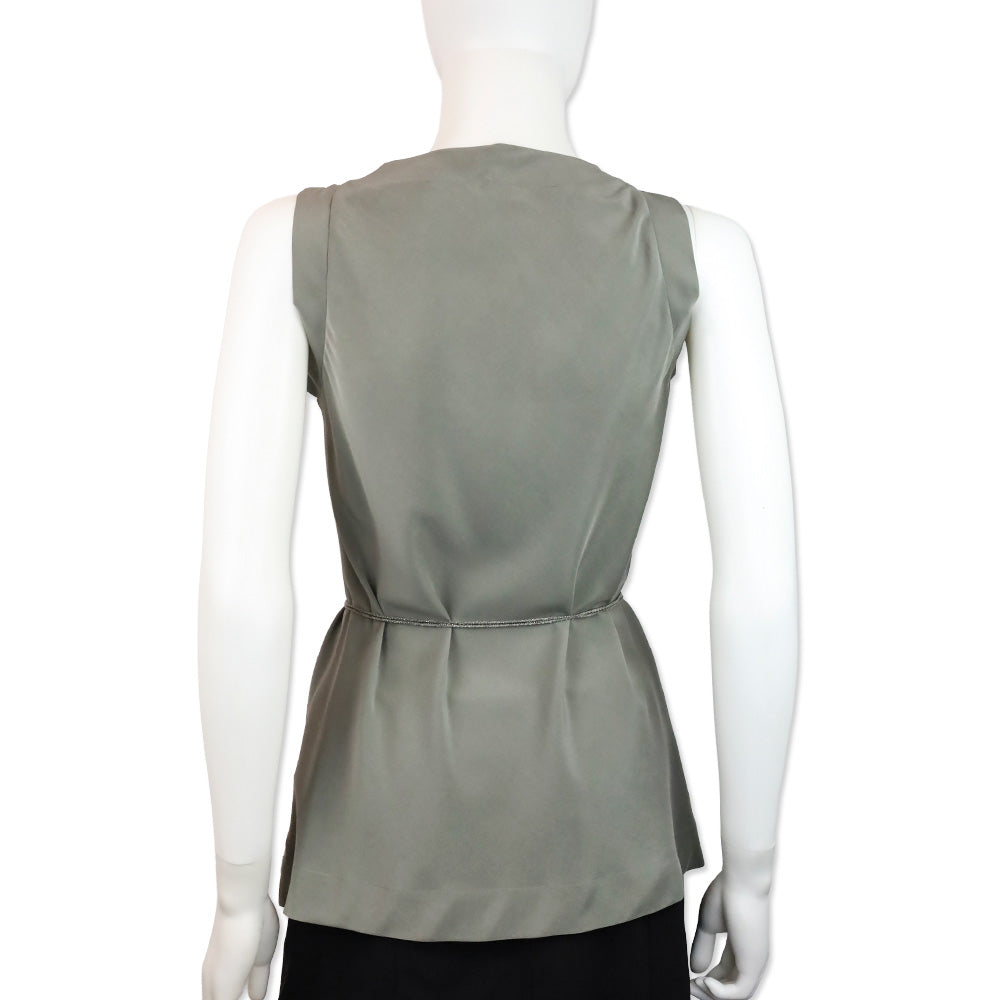 Brunello Cucinelli Grey Silk V-Neck Sleeveless Top with Monili Belt Accent