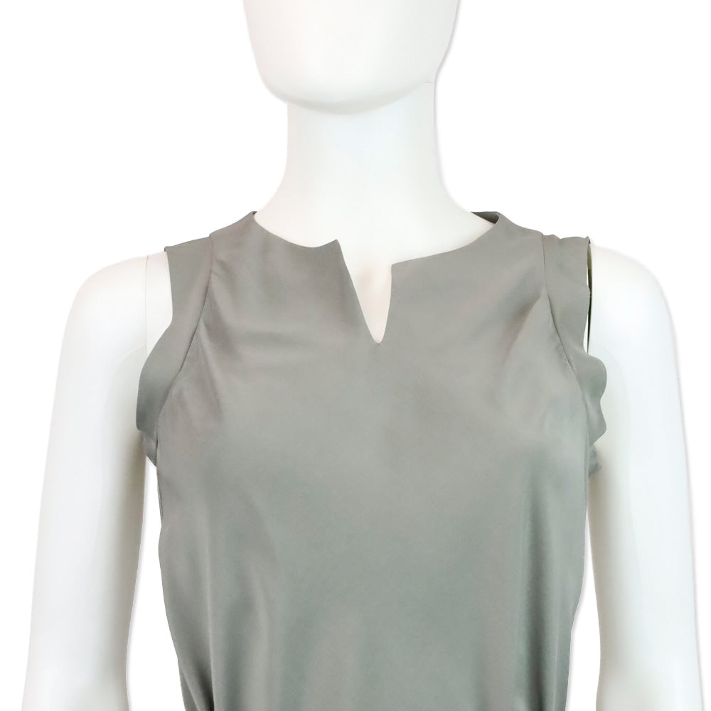 Brunello Cucinelli Grey Silk V-Neck Sleeveless Top with Monili Belt Accent