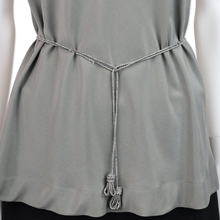 Brunello Cucinelli Grey Silk V-Neck Sleeveless Top with Monili Belt Accent
