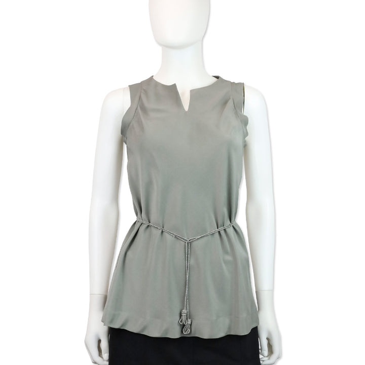 Brunello Cucinelli Grey Silk V-Neck Sleeveless Top with Monili Belt Accent