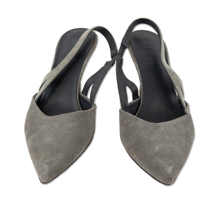 Brunello Cucinelli Monili Gray Suede Slingback Heels