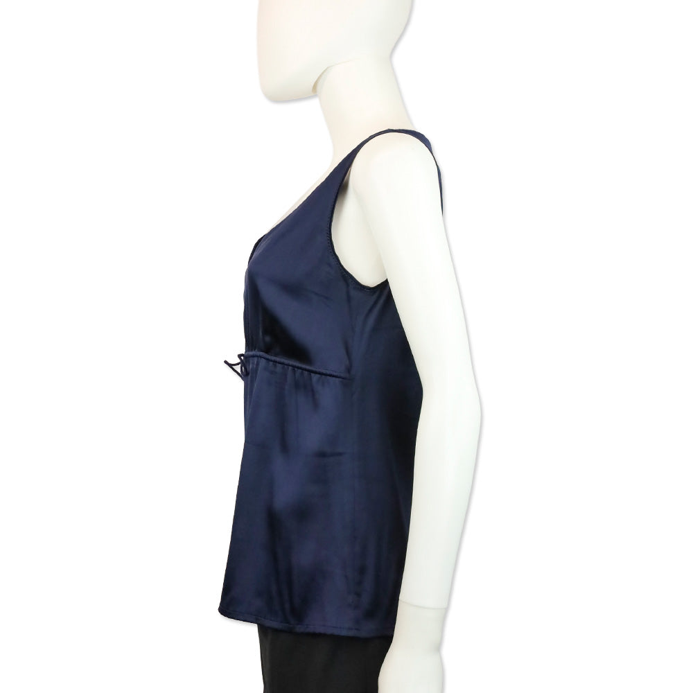 Brunello Cucinelli Navy Blue Silk Cashmere Trim V-Neck Tank Top