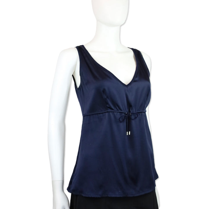 Brunello Cucinelli Navy Blue Silk Cashmere Trim V-Neck Tank Top