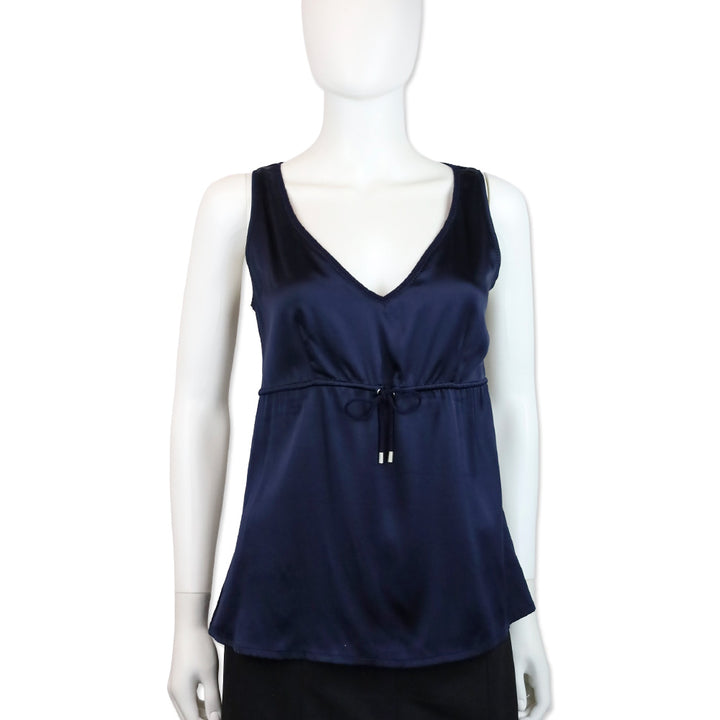Brunello Cucinelli Navy Blue Silk Cashmere Trim V-Neck Tank Top