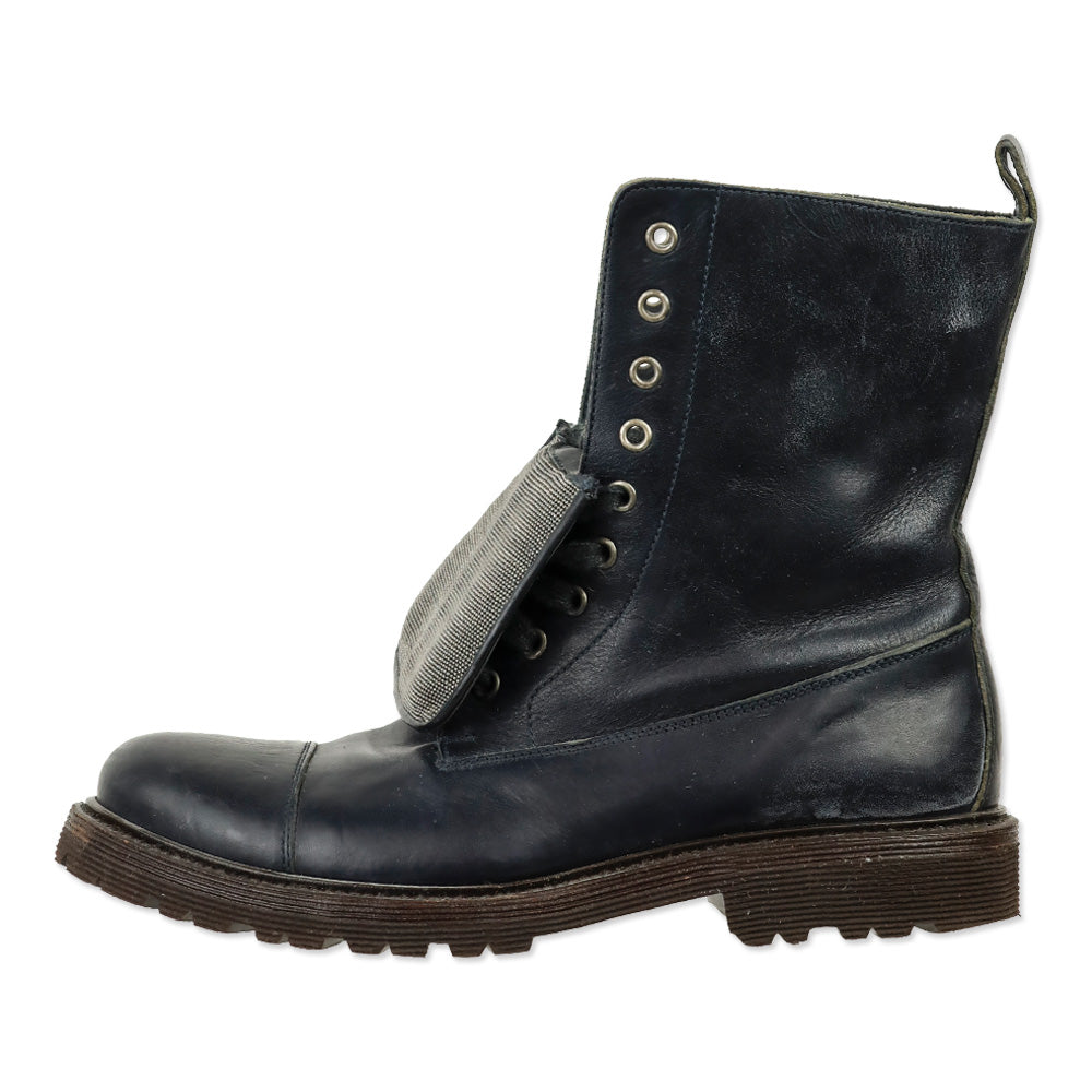 Brunello Cucinelli Navy Leather Monili Combat Boots