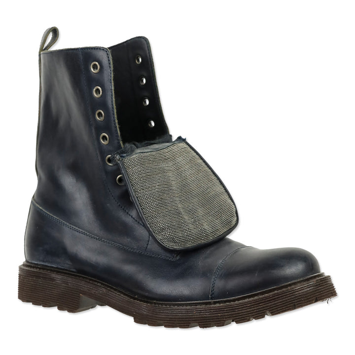 Brunello Cucinelli Navy Leather Monili Combat Boots