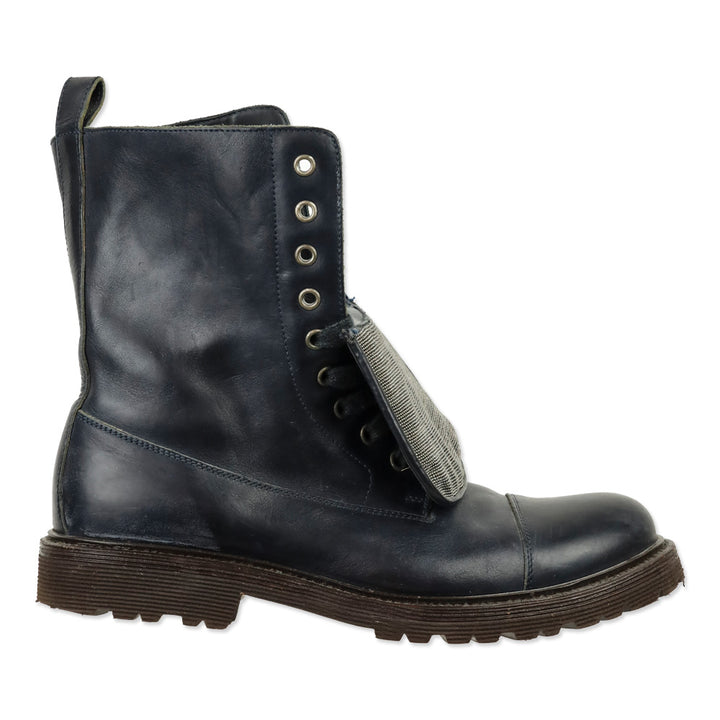 Brunello Cucinelli Navy Leather Monili Combat Boots