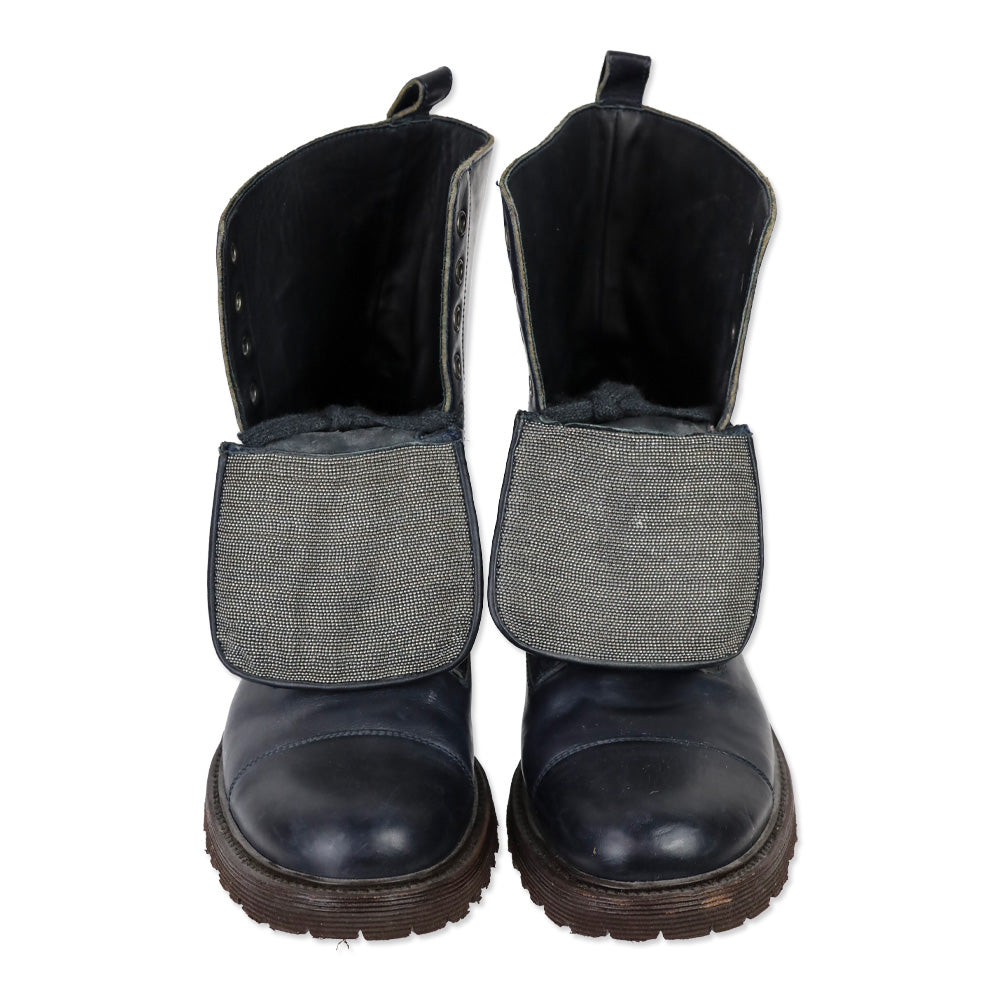 Brunello Cucinelli Navy Leather Monili Combat Boots