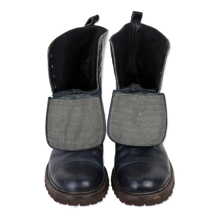 Brunello Cucinelli Navy Leather Monili Combat Boots