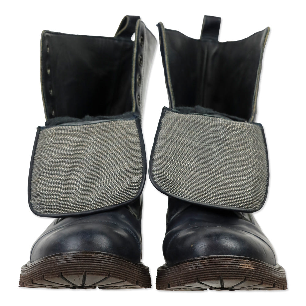 Brunello Cucinelli Navy Leather Monili Combat Boots