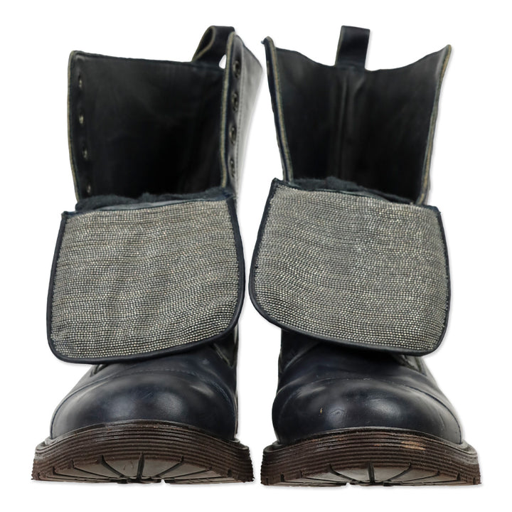 Brunello Cucinelli Navy Leather Monili Combat Boots