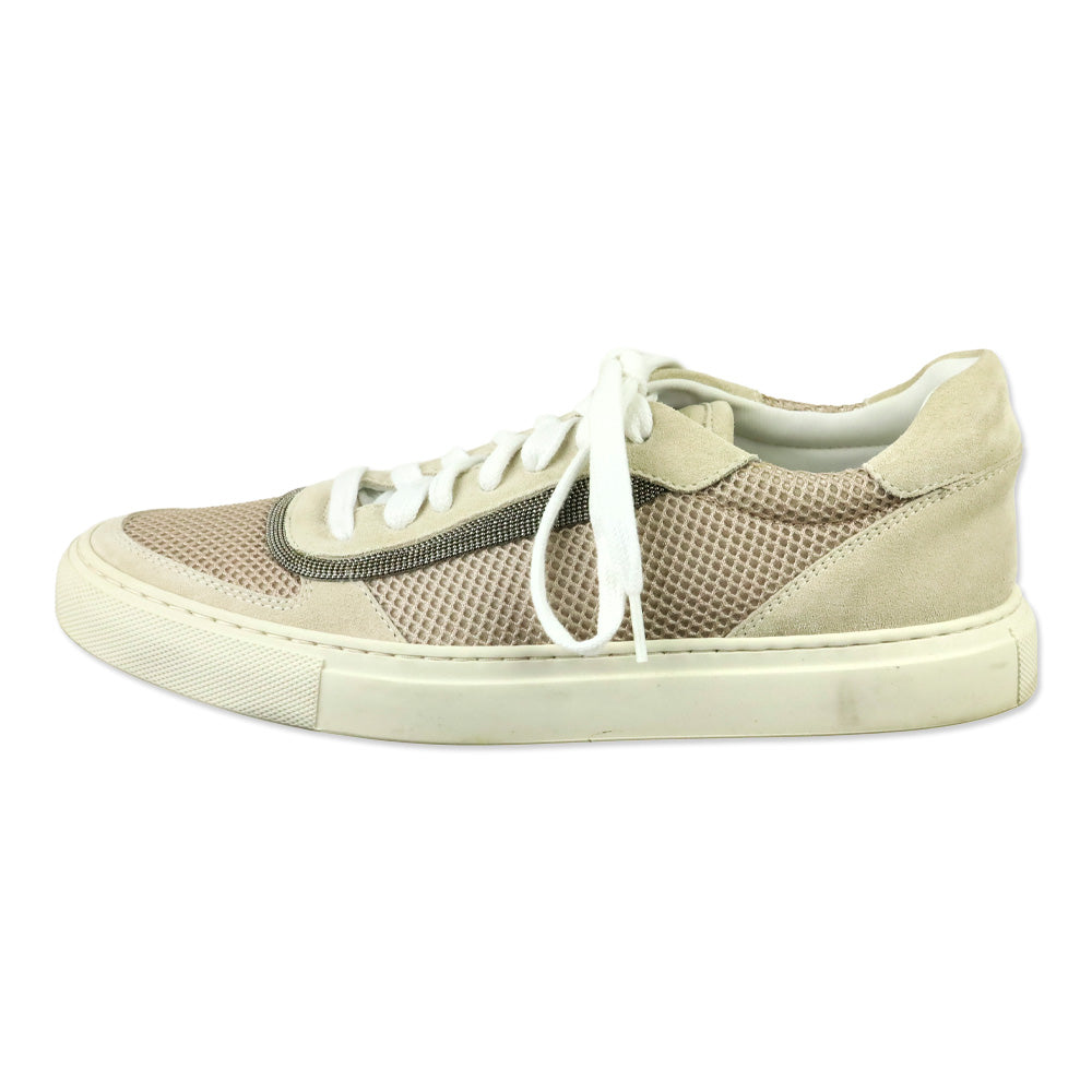 Brunello Cucinelli Neutral Monili Trim Mixed Media Low-Top Sneakers