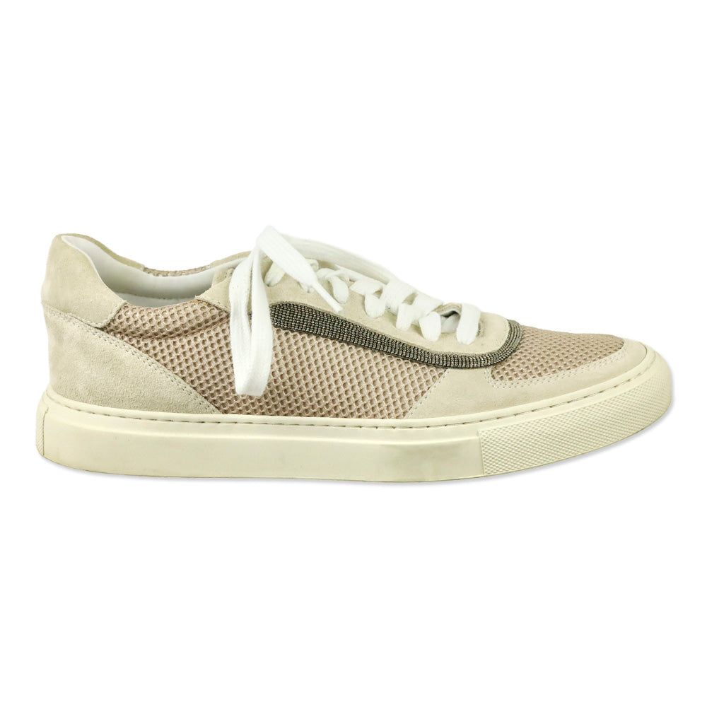 Brunello Cucinelli Neutral Monili Trim Mixed Media Low-Top Sneakers