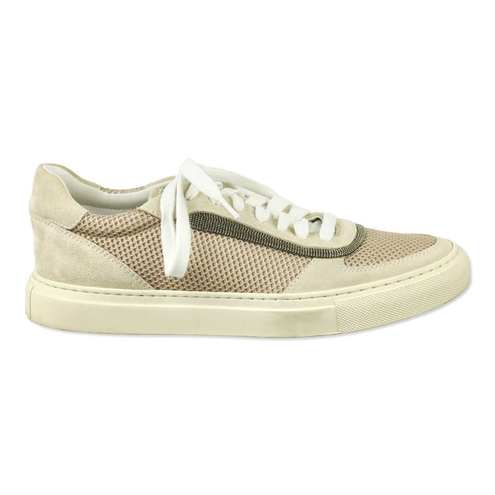 Brunello Cucinelli Neutral Monili Trim Mixed Media Low-Top Sneakers