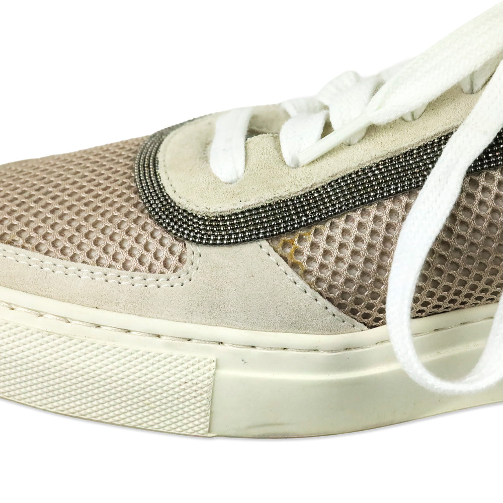Brunello Cucinelli Neutral Monili Trim Mixed Media Low-Top Sneakers