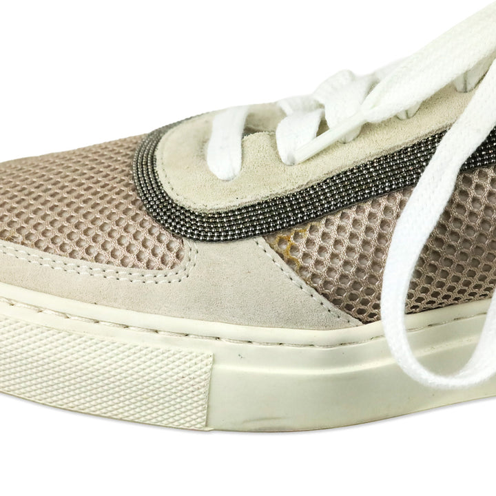 Brunello Cucinelli Neutral Monili Trim Mixed Media Low-Top Sneakers