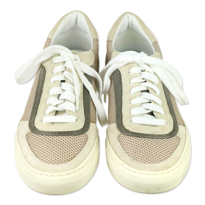 Brunello Cucinelli Neutral Monili Trim Mixed Media Low-Top Sneakers