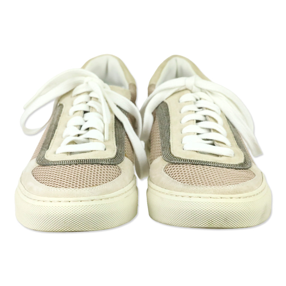 Brunello Cucinelli Neutral Monili Trim Mixed Media Low-Top Sneakers