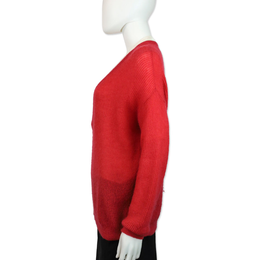 Brunello Cucinelli Red V-Neck Ribbed Knit Mohair Wool Pullover Sweater
