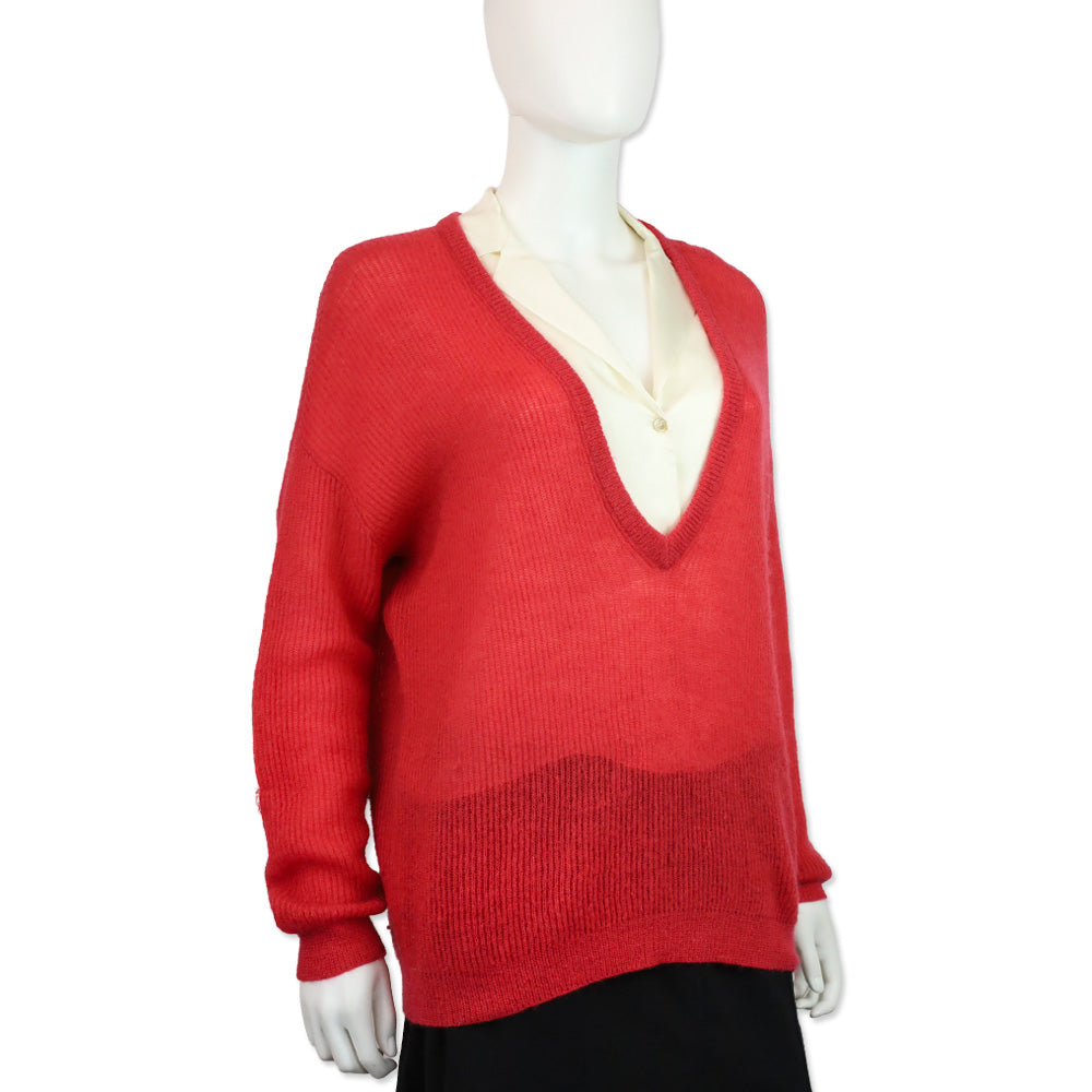 Brunello Cucinelli Red V-Neck Ribbed Knit Mohair Wool Pullover Sweater